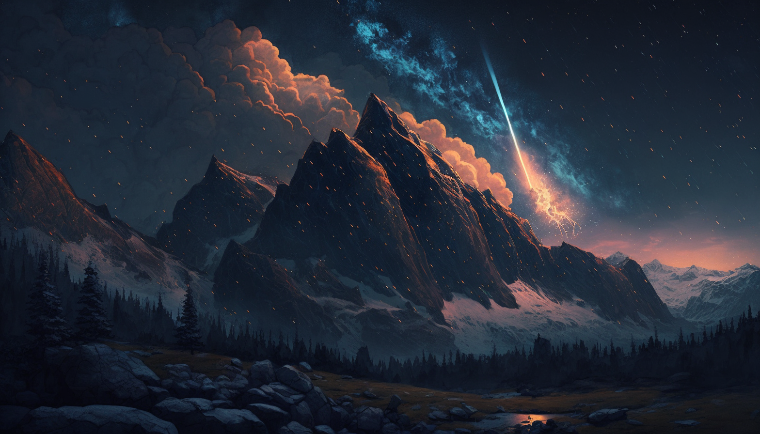 A stunning mountain vista with a meteor shower lighting up the sky.