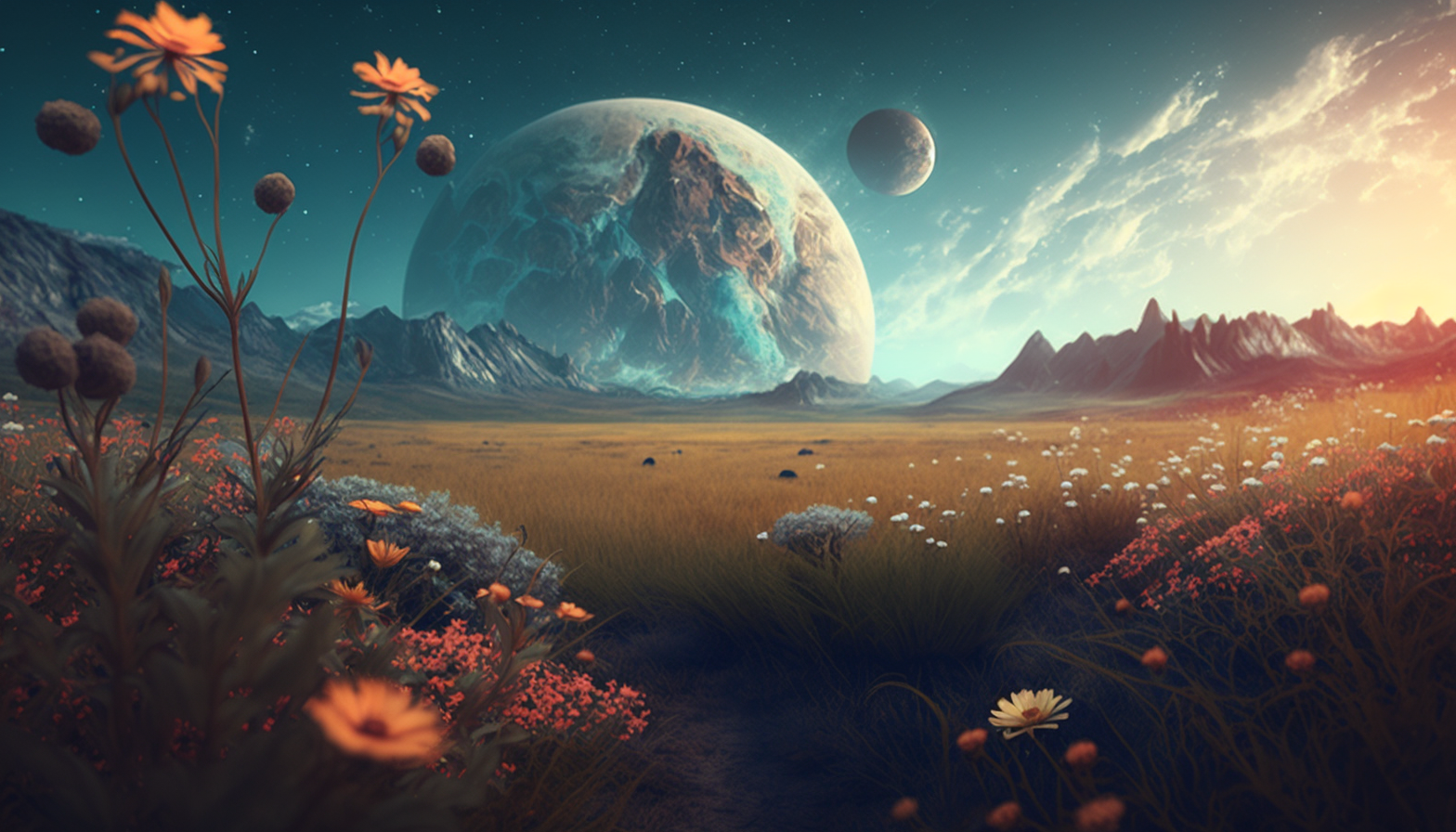 A peaceful meadow with wildflowers and a distant planet rising.