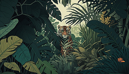 A dense jungle with exotic animals hiding within the foliage