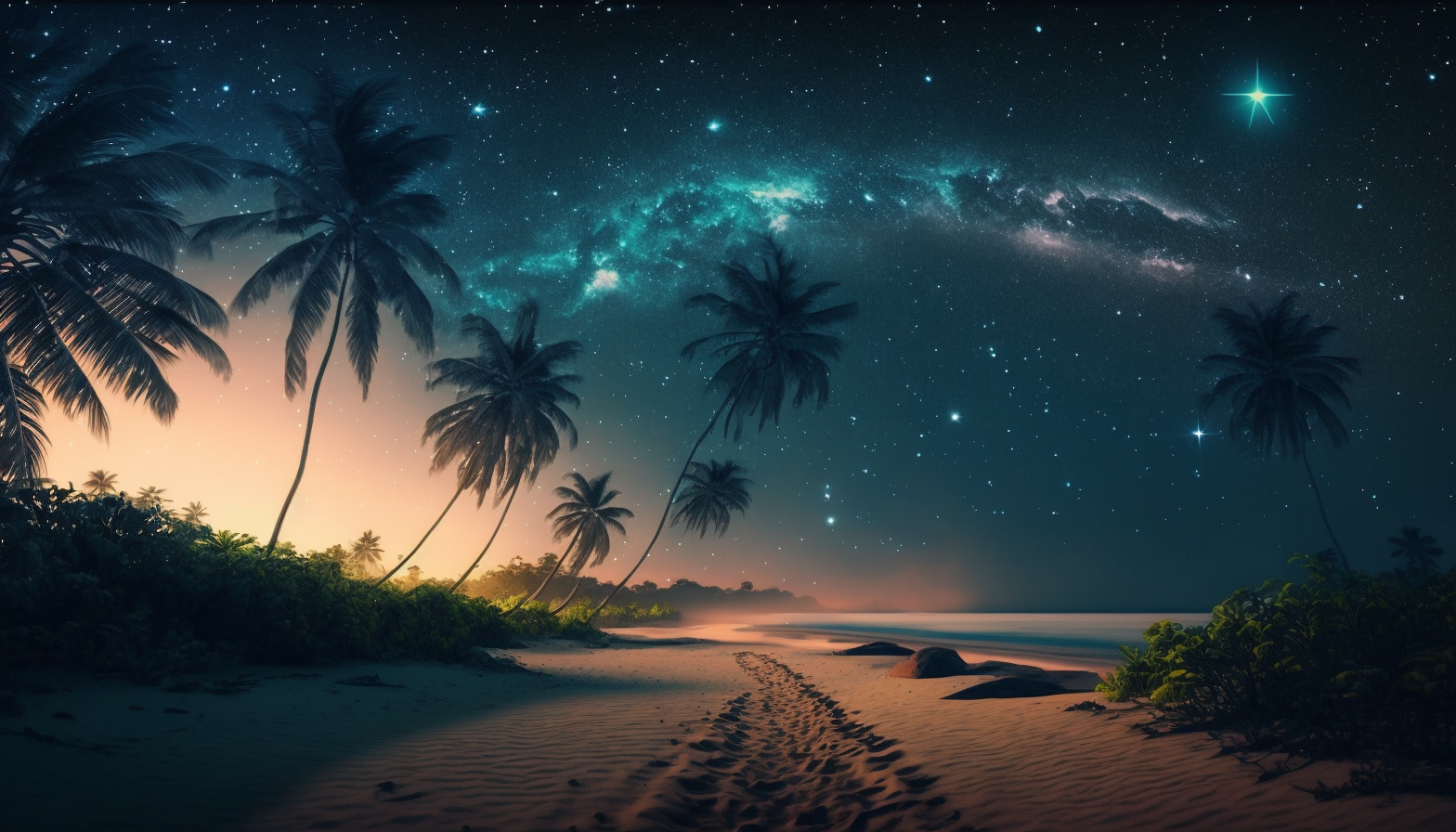 A tropical beach with palm trees and a star-filled sky above.