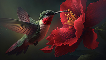 A close-up shot of a hummingbird hovering near a bright red hibiscus flower.