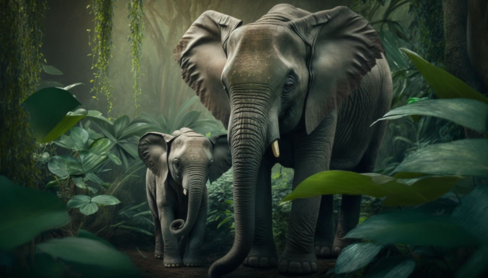 A mother elephant and her baby in a green jungle