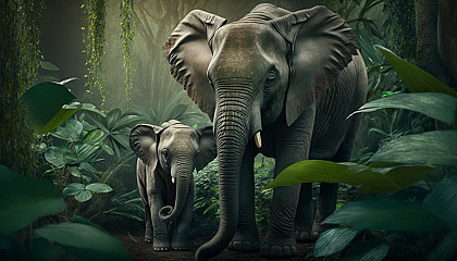 A mother elephant and her baby in a green jungle