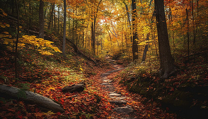 Colorful autumn foliage covering peaceful forest paths.