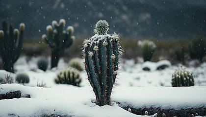 A lone cactus covered in snow