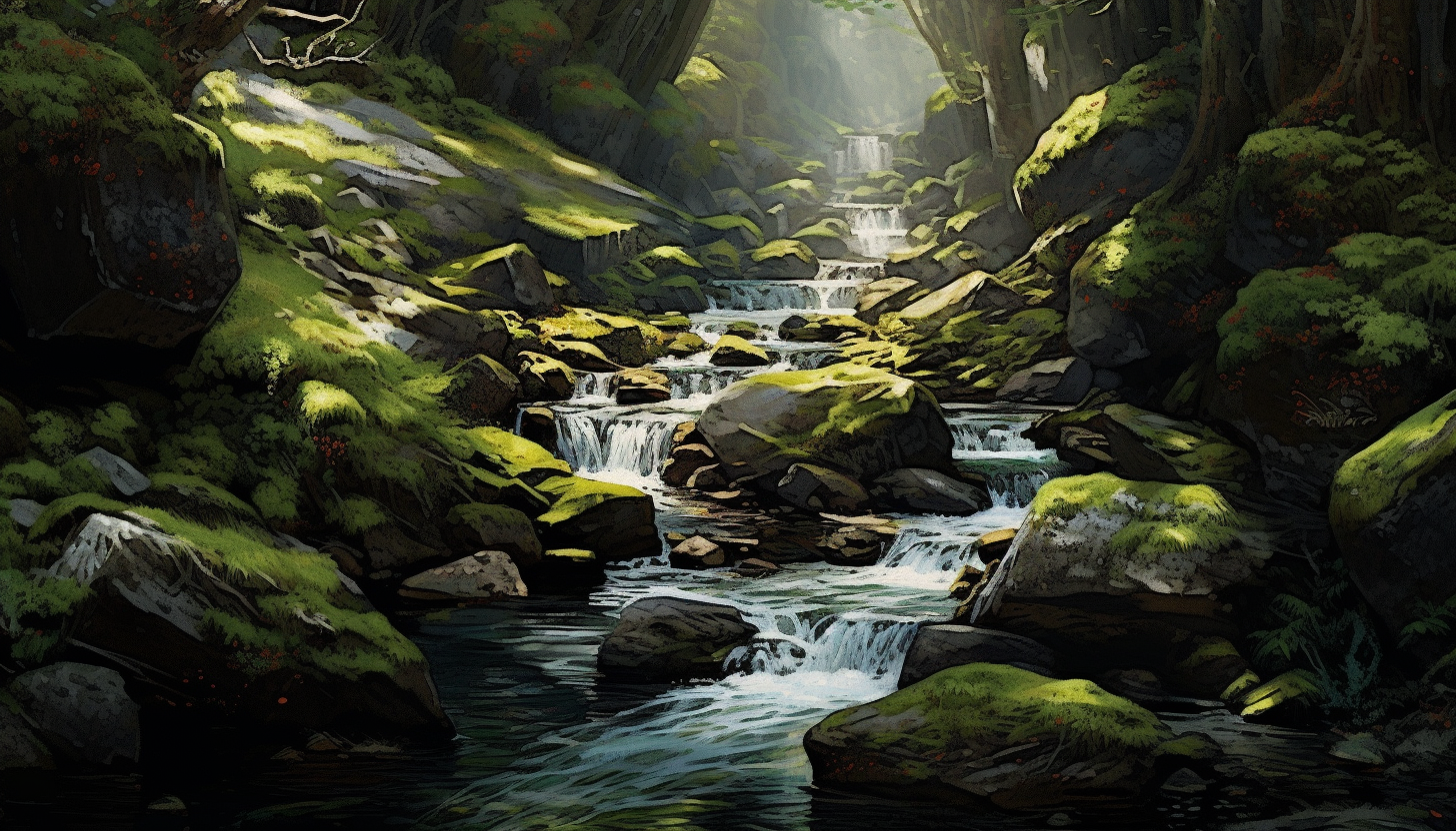 A cascading mountain stream, weaving through rocks and moss.