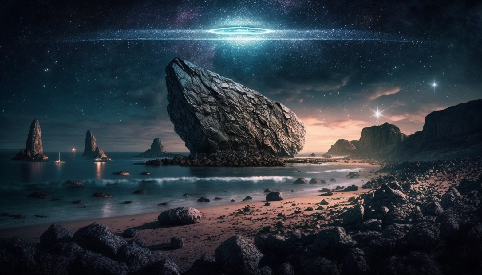 A surreal landscape of a rocky beach under a starry sky, with a UFO hovering in the distance.