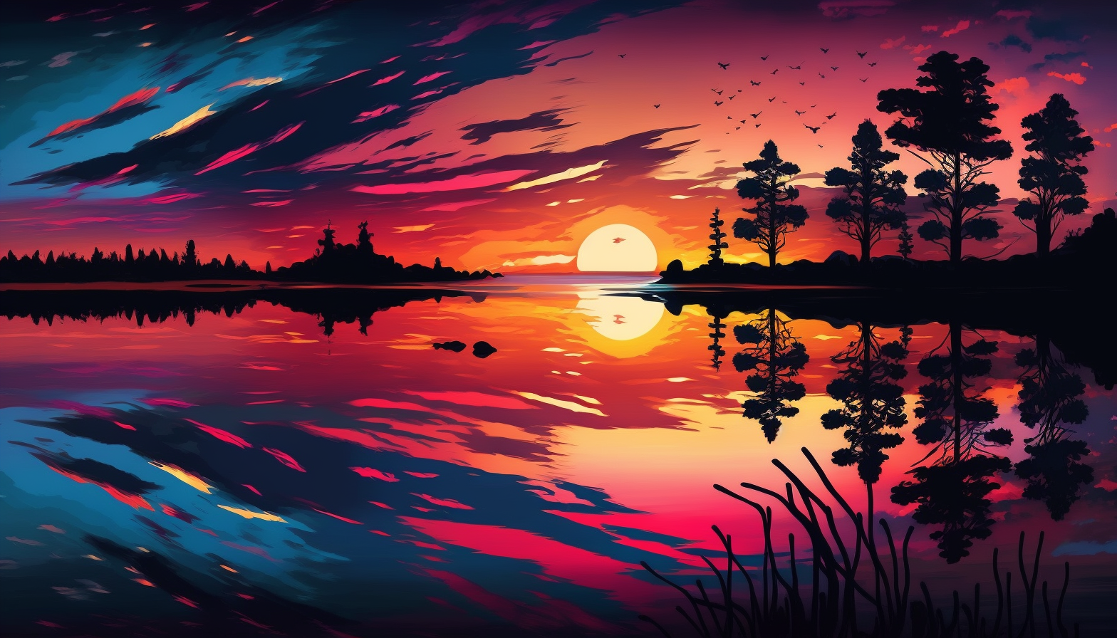 A colorful sunrise or sunset over a calm lake or ocean
