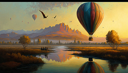 An oil painting of a hot air balloon festival over a scenic landscape.