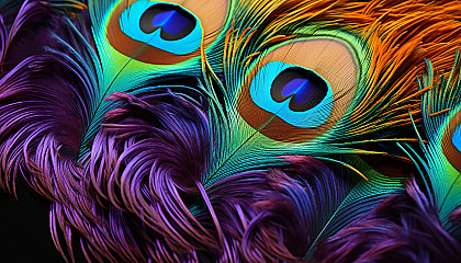 A close-up of a peacock's feather, showcasing its intricate patterns and vivid colors.