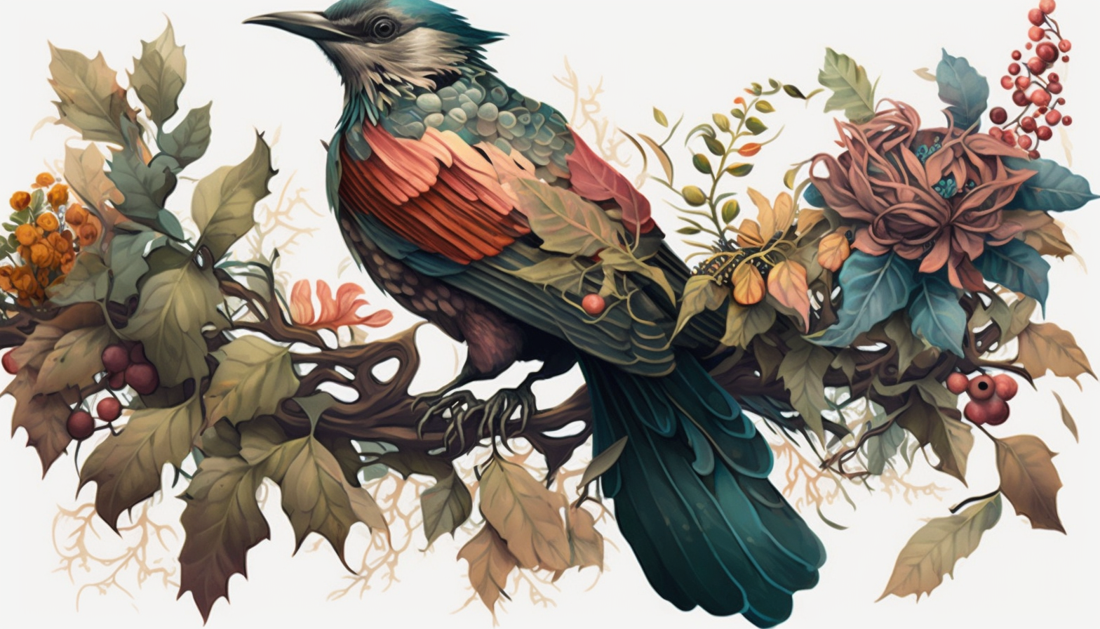 An illustration of a bird with its wings spread out, standing on a tree branch surrounded by a variety of colorful flowers.