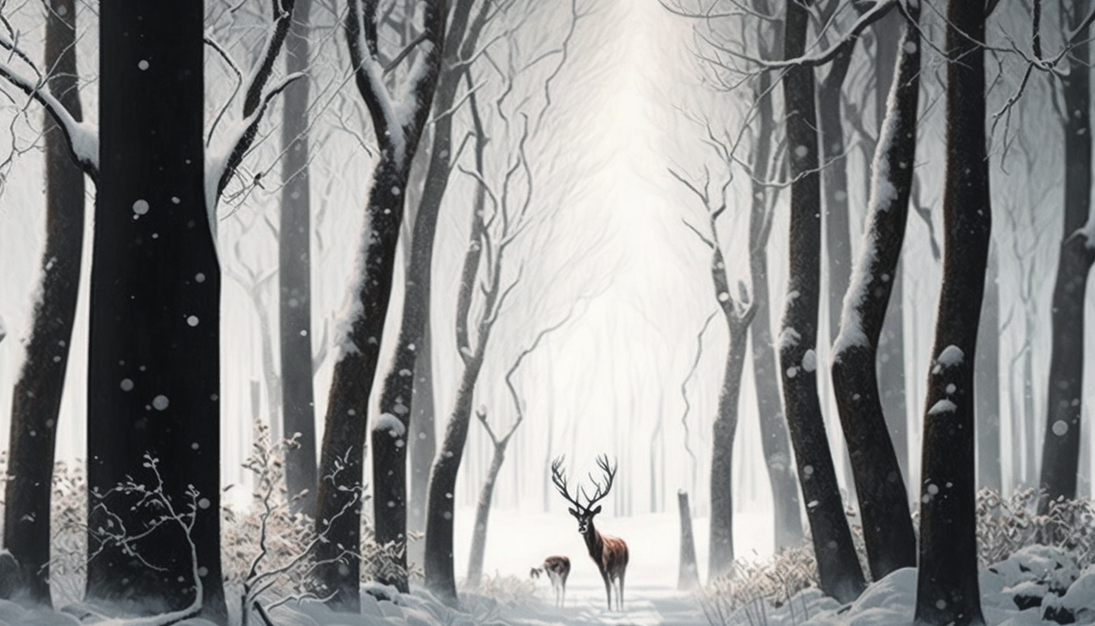 A snowy forest with deer grazing peacefully among the trees.