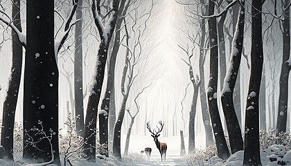 A snowy forest with deer grazing peacefully among the trees.