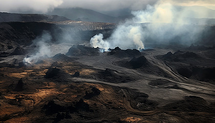 Dramatic volcanic landscapes with lava flows and smoking craters.