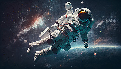 An astronaut floating in space with Earth in the background, surrounded by stars.