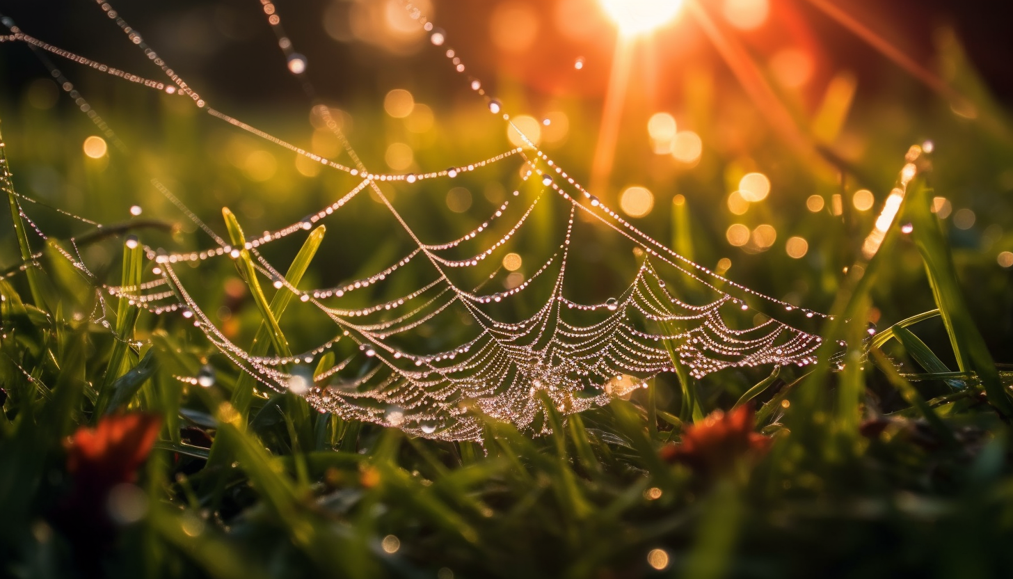 A blanket of morning dew covering a spider web in the grass.