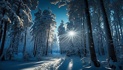 A snow-covered forest with a clear blue sky and sunlight peeking through the trees.