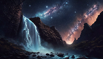 A waterfall cascading down a cliff with a galaxy-filled sky above.