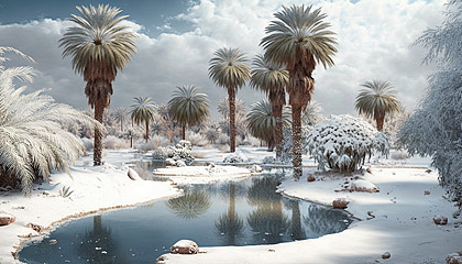 An oasis with palm trees covered in snow