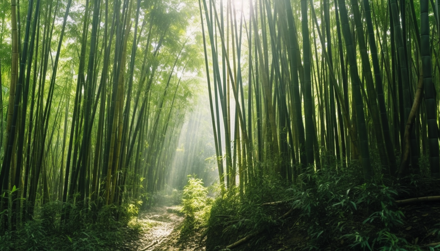 A dense bamboo forest with light filtering through the tall stalks.