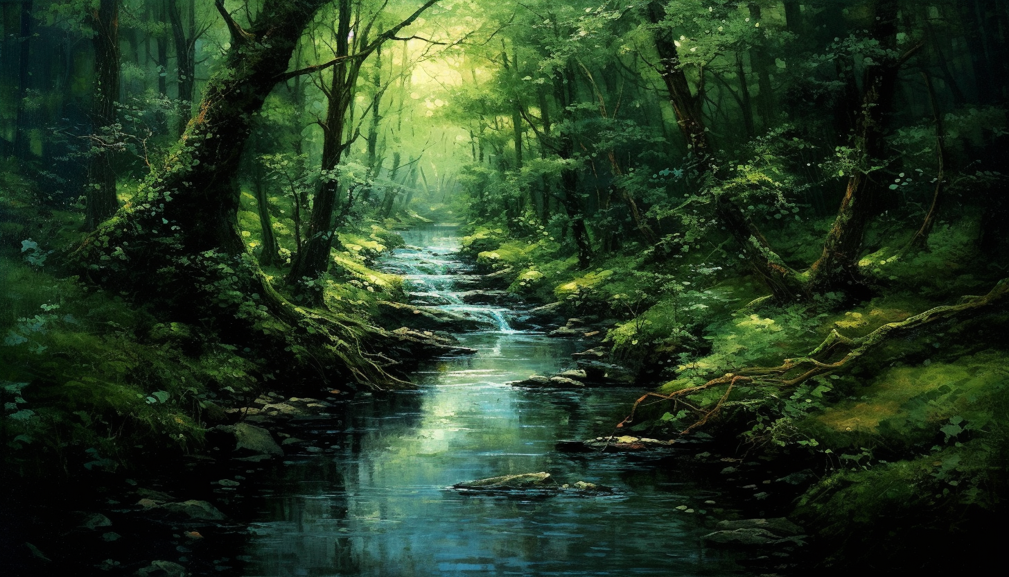 A murmuring brook meandering through a peaceful forest, reflecting its surroundings.