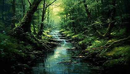 A murmuring brook meandering through a peaceful forest, reflecting its surroundings.