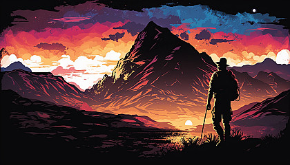 A vibrant sunset over a mountain range, with the silhouette of a lone hiker in the foreground.