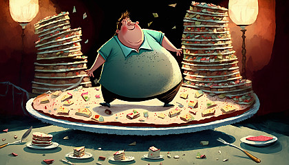 An image that plays with the idea of excess or overindulgence, such as a plate piled high with food or a cartoonish character with an oversized belly.