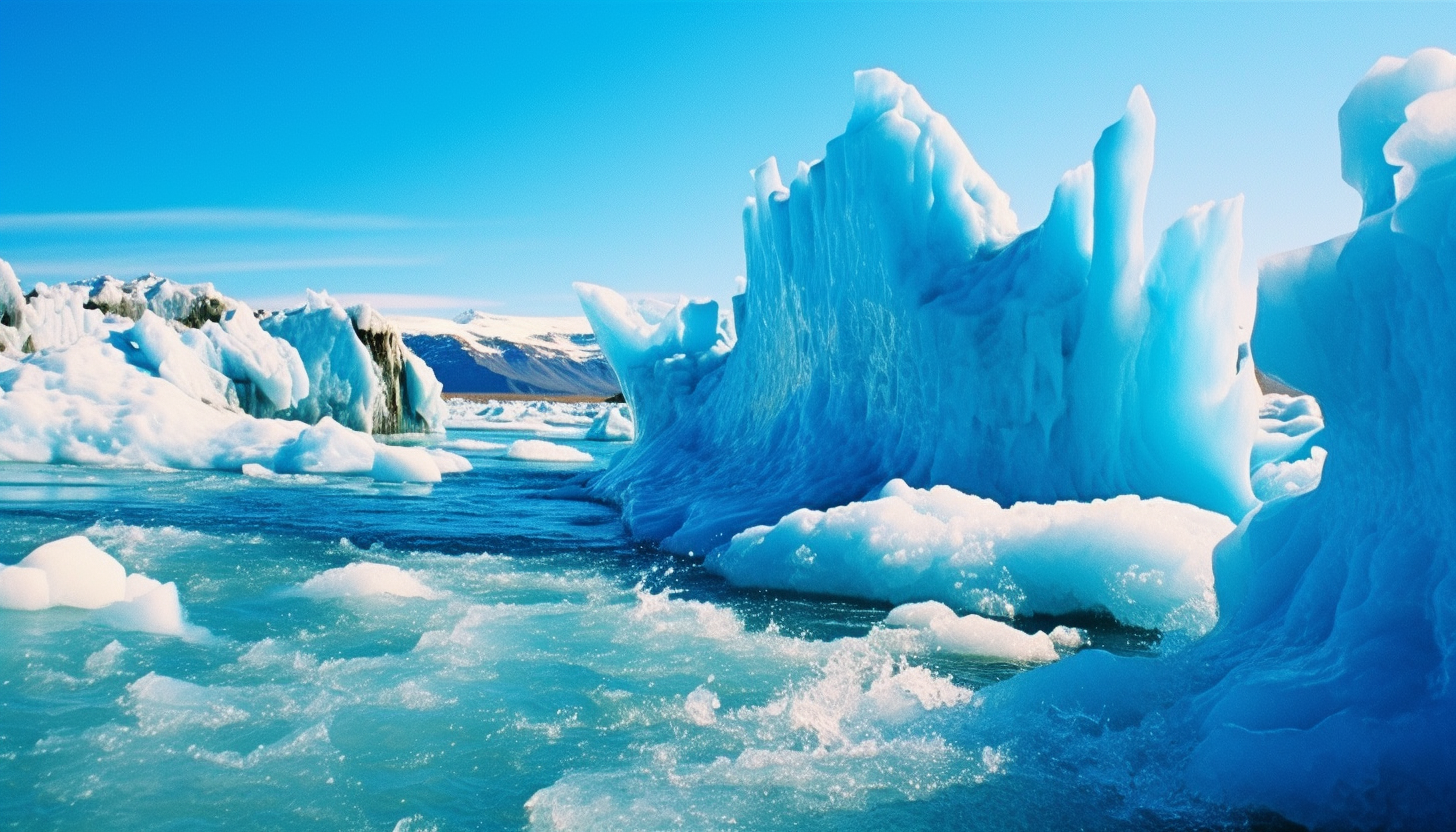 Glaciers calving into a vibrant blue sea.