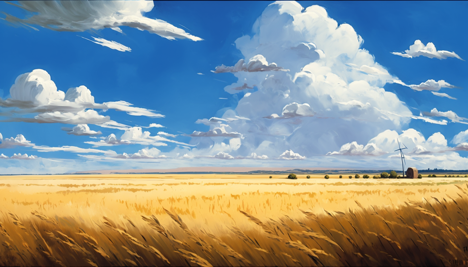 A vast, golden wheat field with a blue sky and a few scattered clouds.