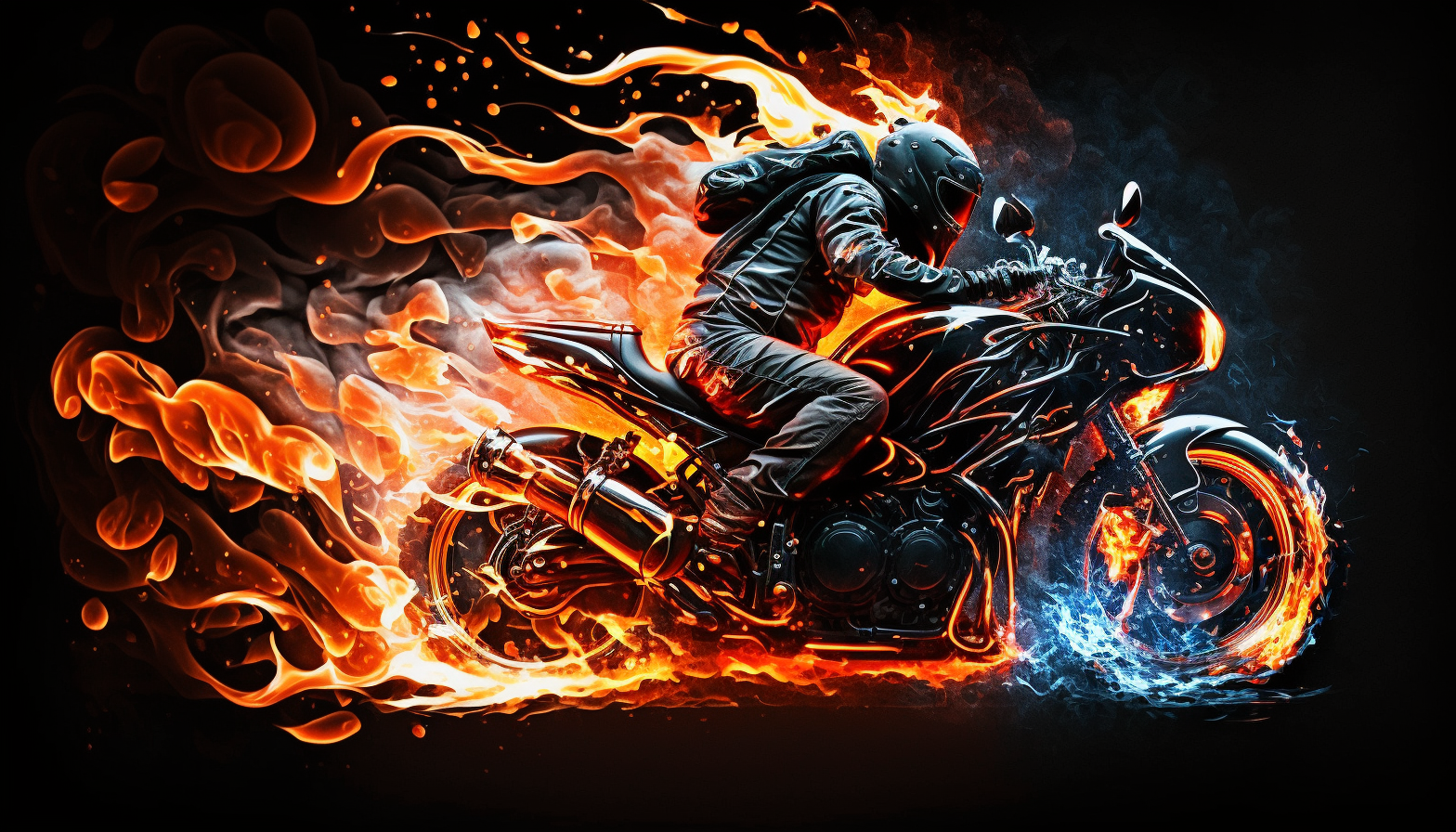 A motorcycle rider speeding down a winding road with flames shooting out of the exhaust.