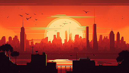 A view of a city skyline from a distance, with the sun setting behind it.