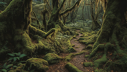 Dense, moss-covered forests with ancient trees and winding paths.