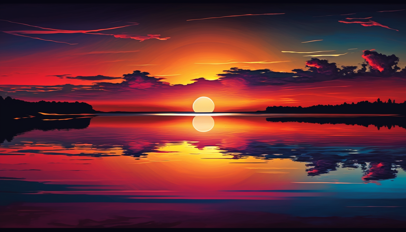 A colorful sunrise or sunset over a calm lake or ocean