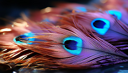 The iridescent sheen of a peacock feather in sunlight.