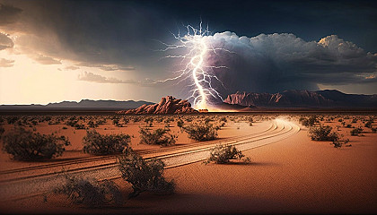 A lightning bolt striking a desert landscape at high speed.