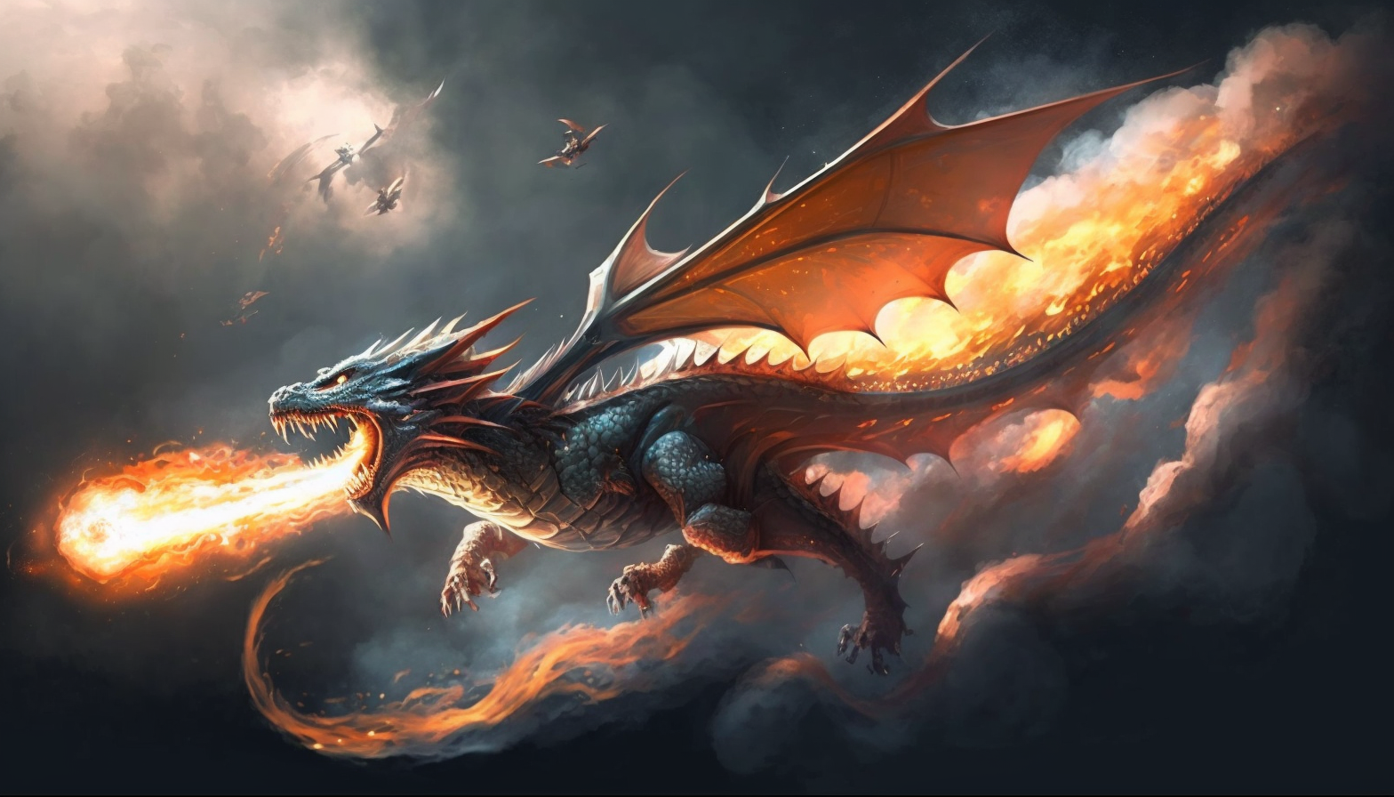 A dragon breathing fire while soaring through the sky at high speed.