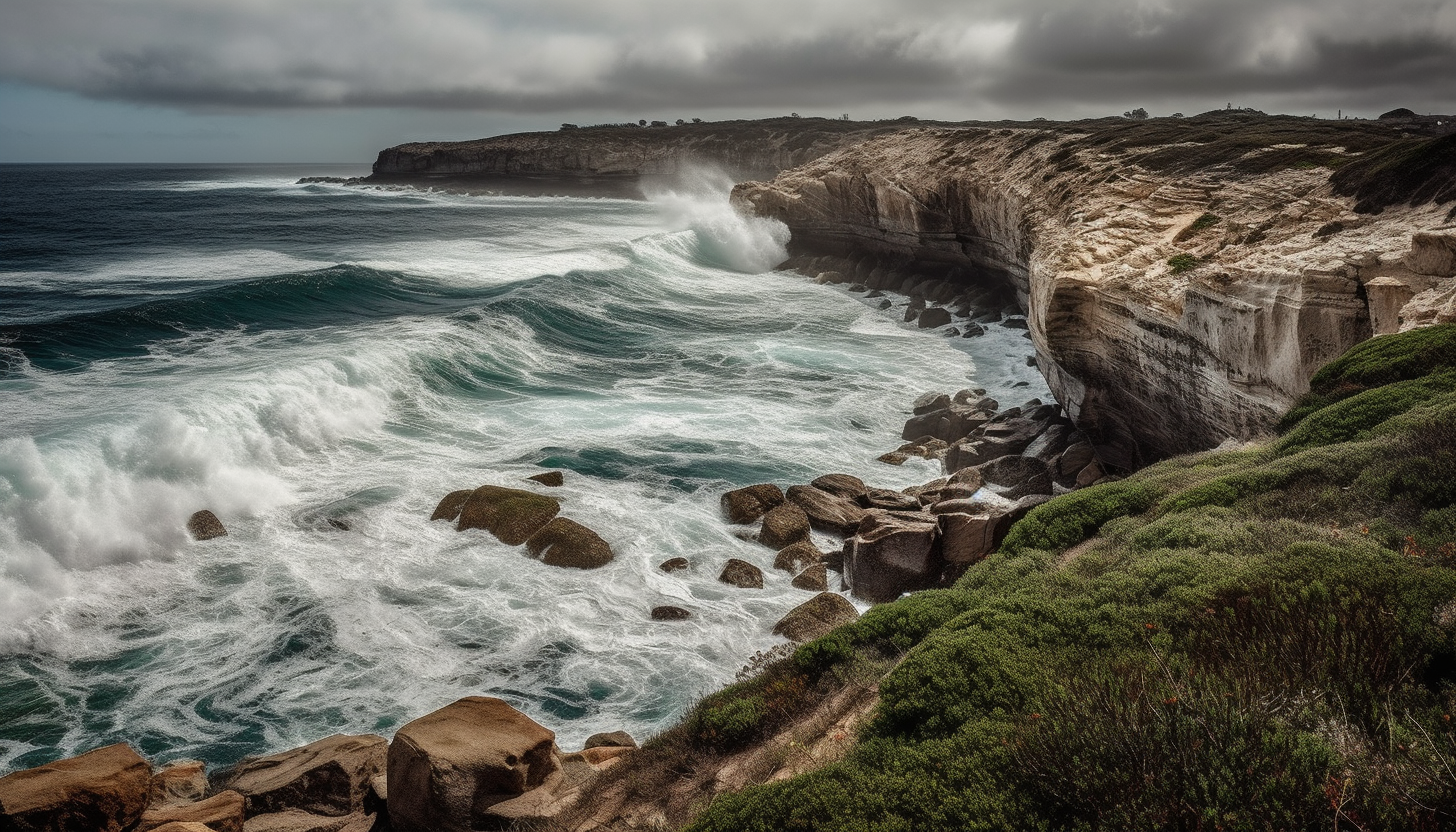 Coastal scenes with dramatic cliffs, crashing waves, and sandy beaches.