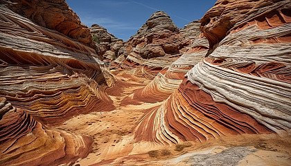 Colorful geological formations, such as sandstone canyons or layered rock structures.