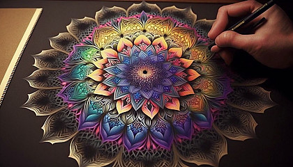An intricate mandala drawing in a rainbow of hues