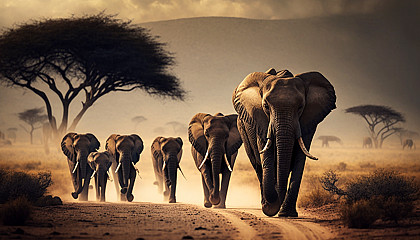 A group of elephants walking through a savanna