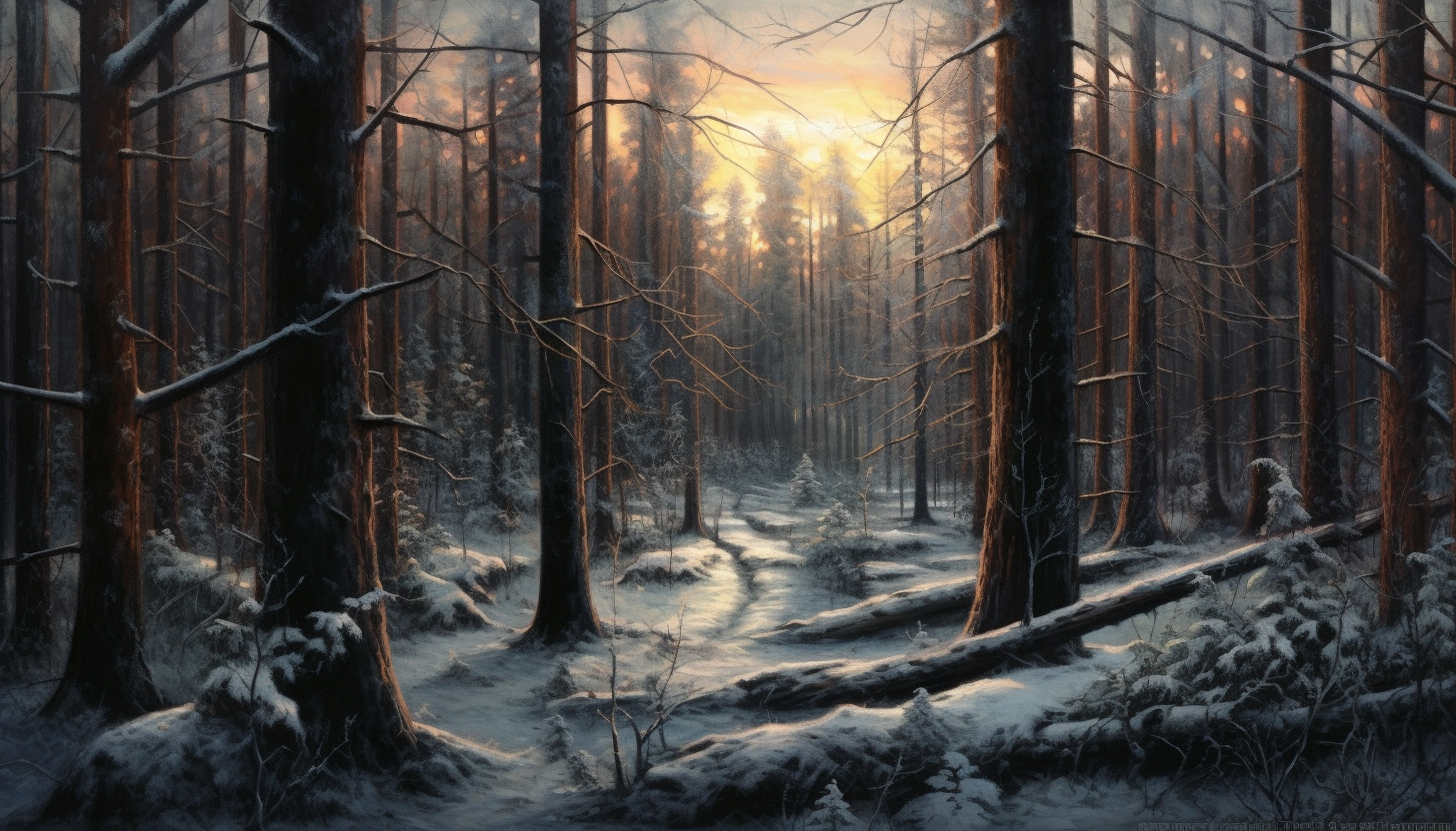 A silent snowfall over a tranquil forest.