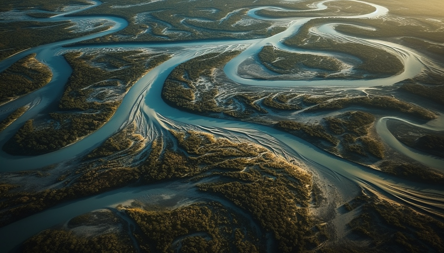 Aerial views of intricate river systems or captivating coastlines.