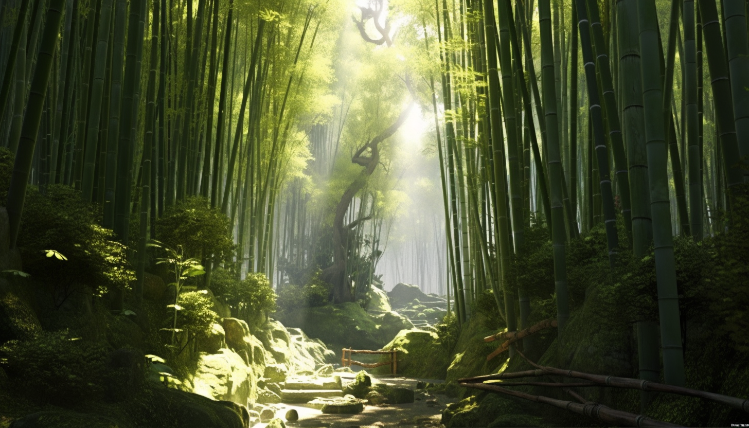 A dense bamboo forest with towering stalks and dappled sunlight.