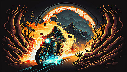 A motorcycle rider speeding down a winding road with flames shooting out of the exhaust.