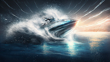 A speedboat zooming across the surface of a glittering ocean.