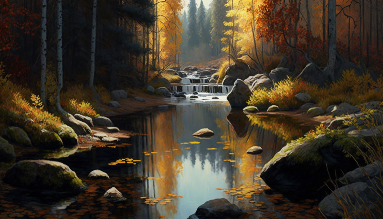 A peaceful river flowing through a forest in autumn