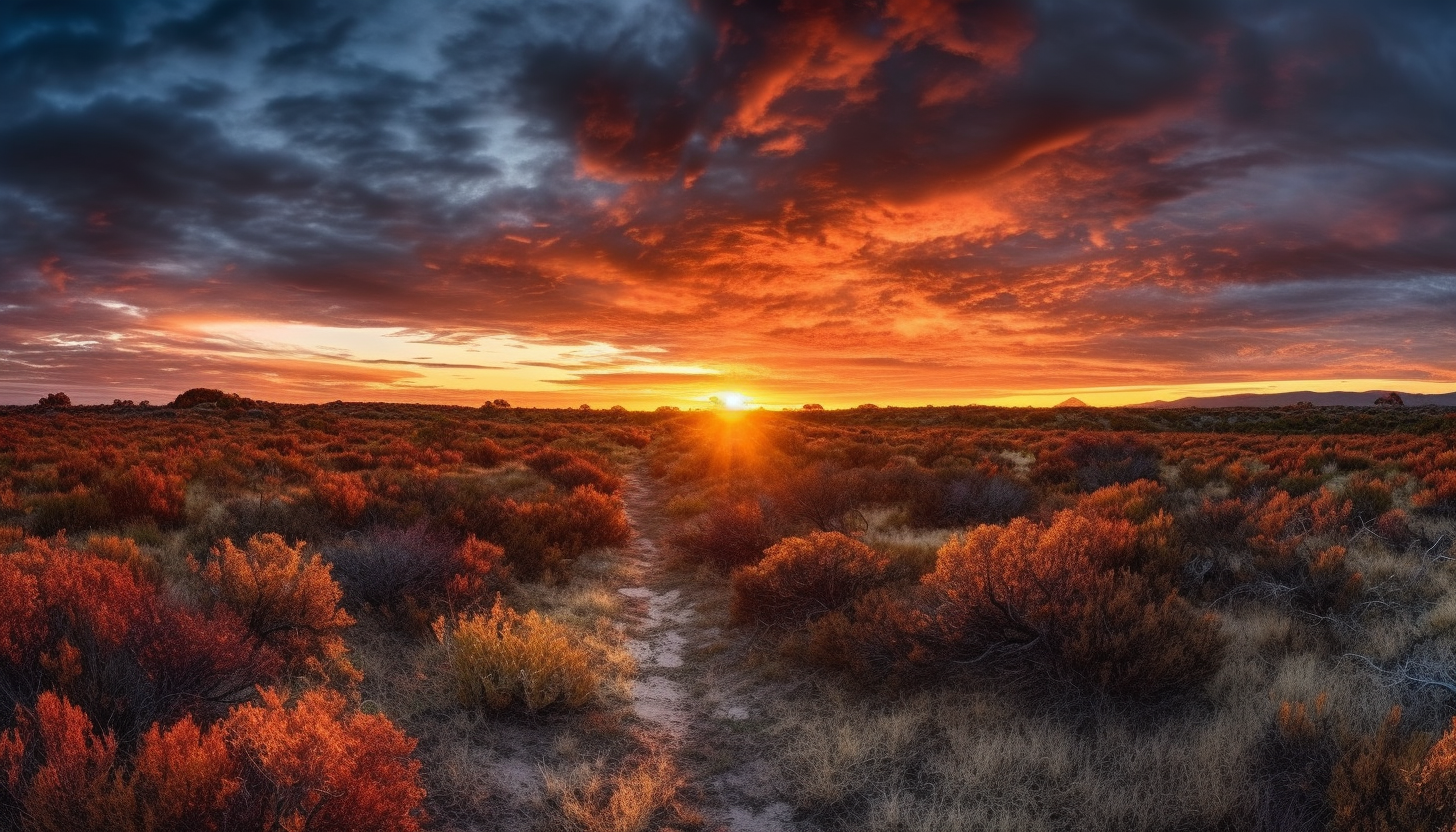 Colorful, dramatic skies during sunrises and sunsets over open landscapes.