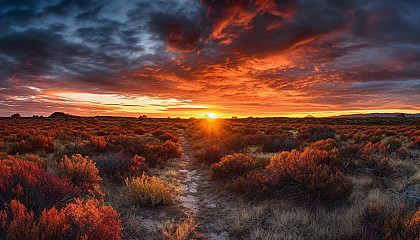 Colorful, dramatic skies during sunrises and sunsets over open landscapes.