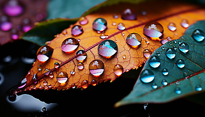 Extreme close-up of dewdrops on a leaf, refracting sunlight into a rainbow of colors.